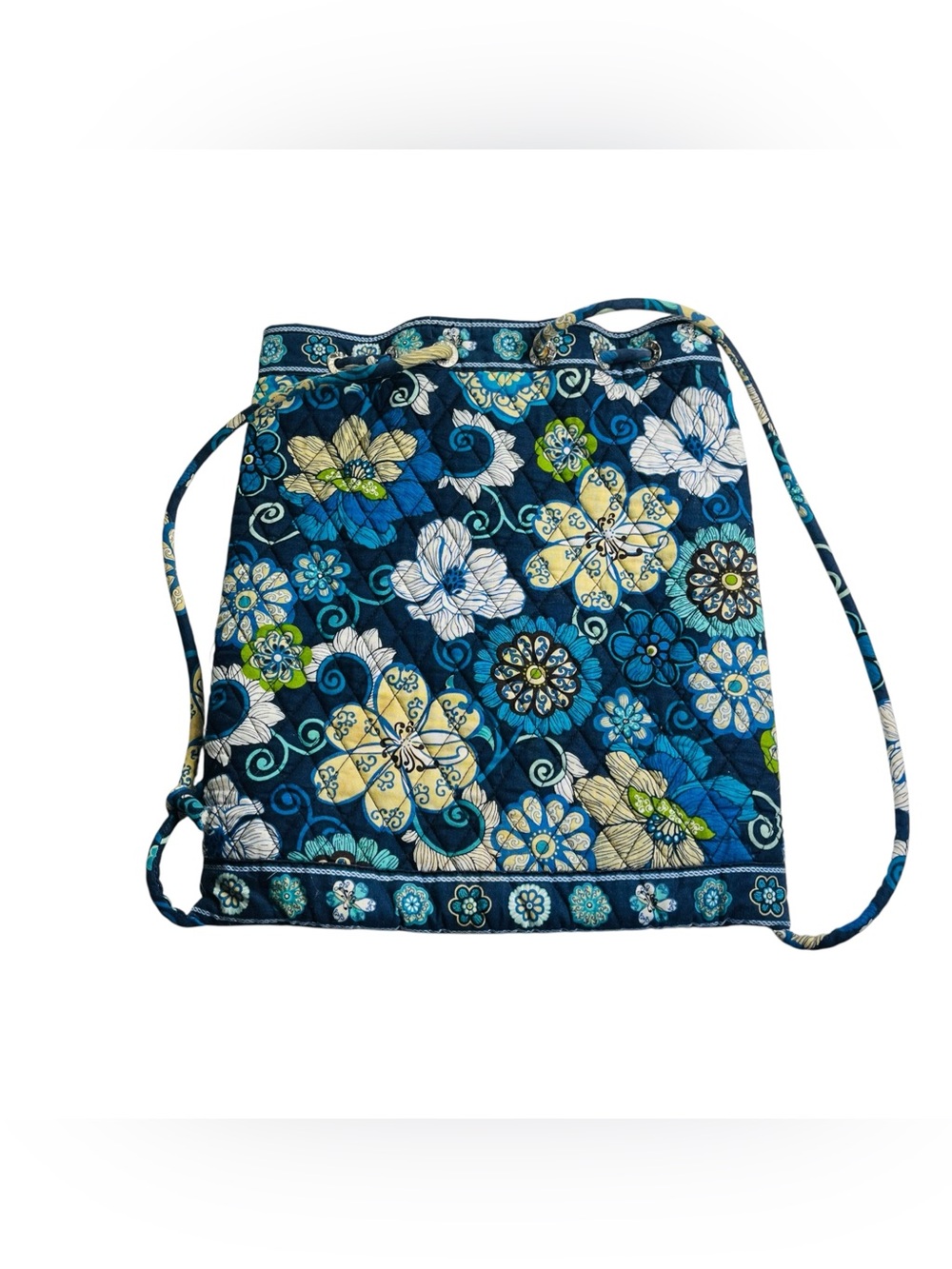 Vera Bradley Maison Blue Cinch Drawstring Backpack Quilted Cotton Floral Bag 14”
